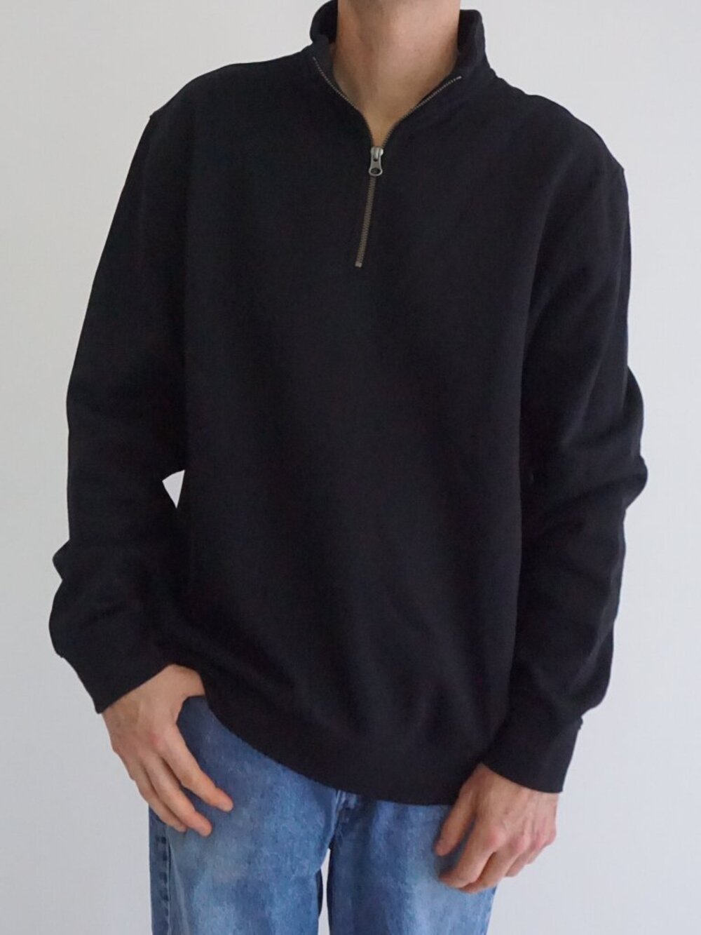 Denver Hayes Black Quarter Zip Mock Neck Minimalist Casual Office Knit Sweater L